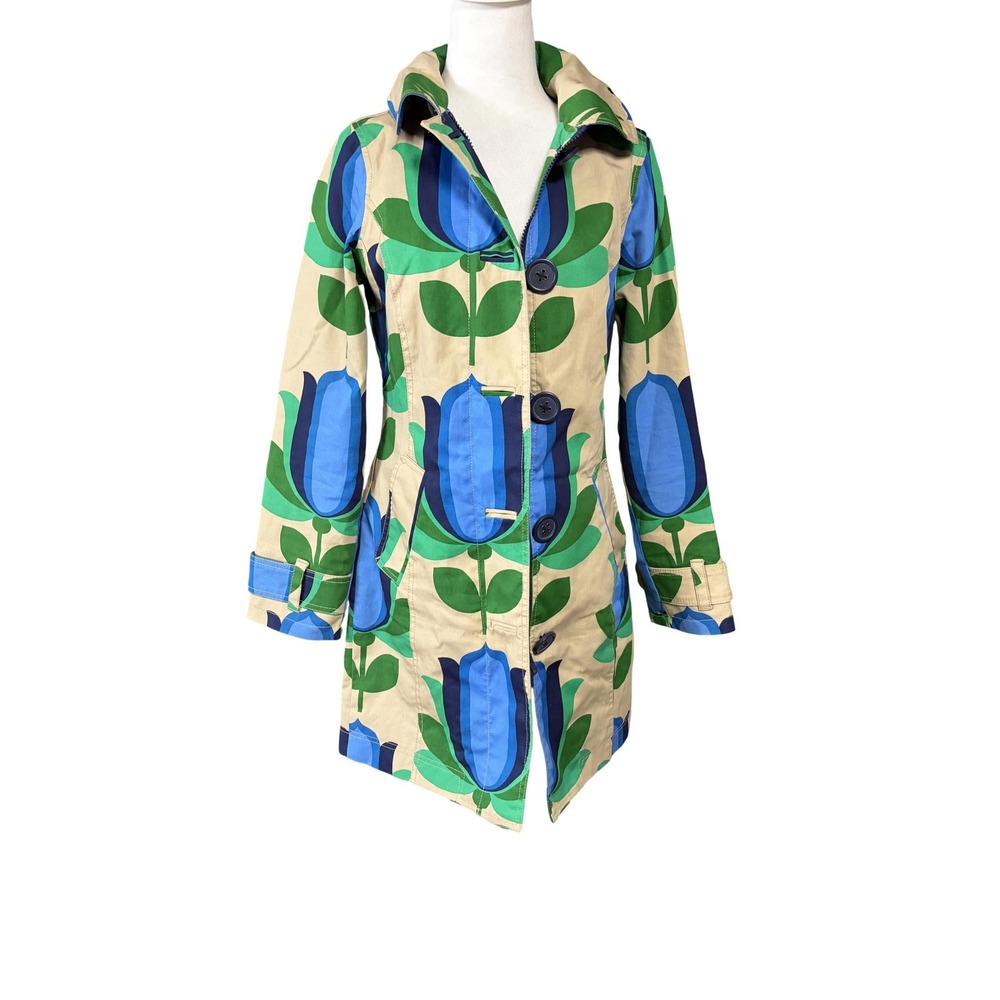 Boden Coat Womens 2 Beige Blue Green Floral Tulip Print Hooded Cotton WE470